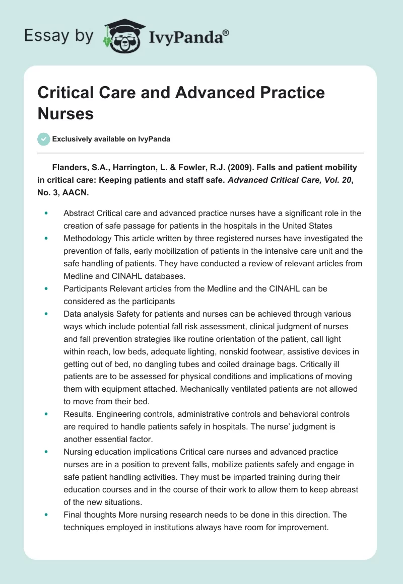 Critical Care and Advanced Practice Nurses. Page 1