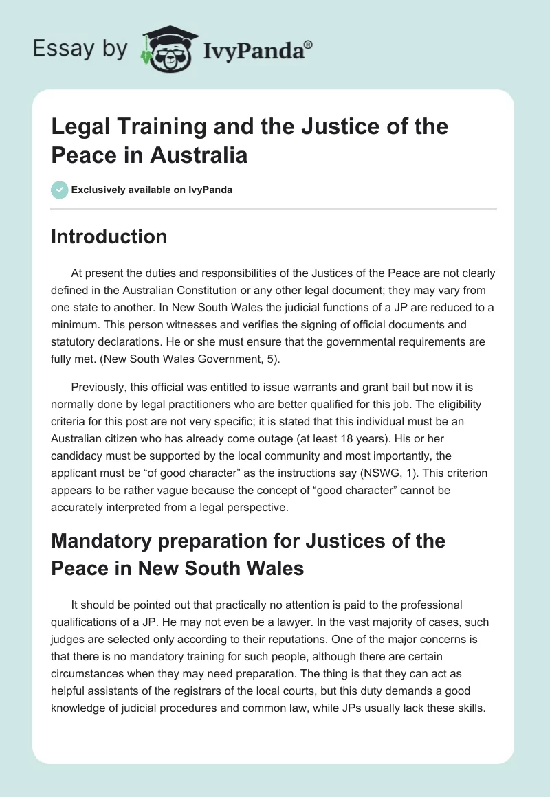 Legal Training and the Justice of the Peace in Australia. Page 1