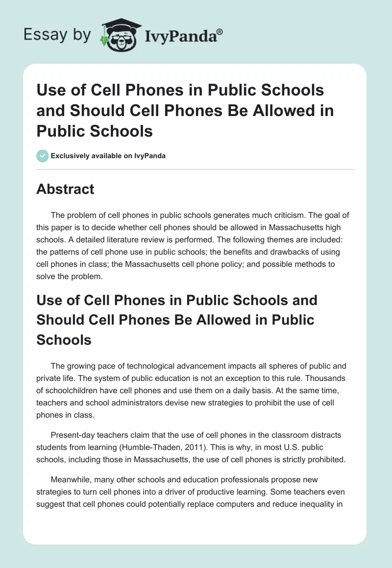 Use of Cell Phones in Public Schools and Should Cell Phones Be Allowed in Public Schools. Page 1