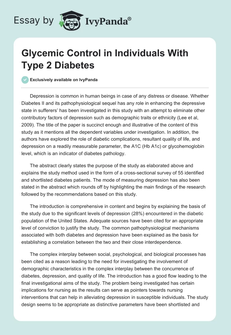 Glycemic Control in Individuals With Type 2 Diabetes. Page 1