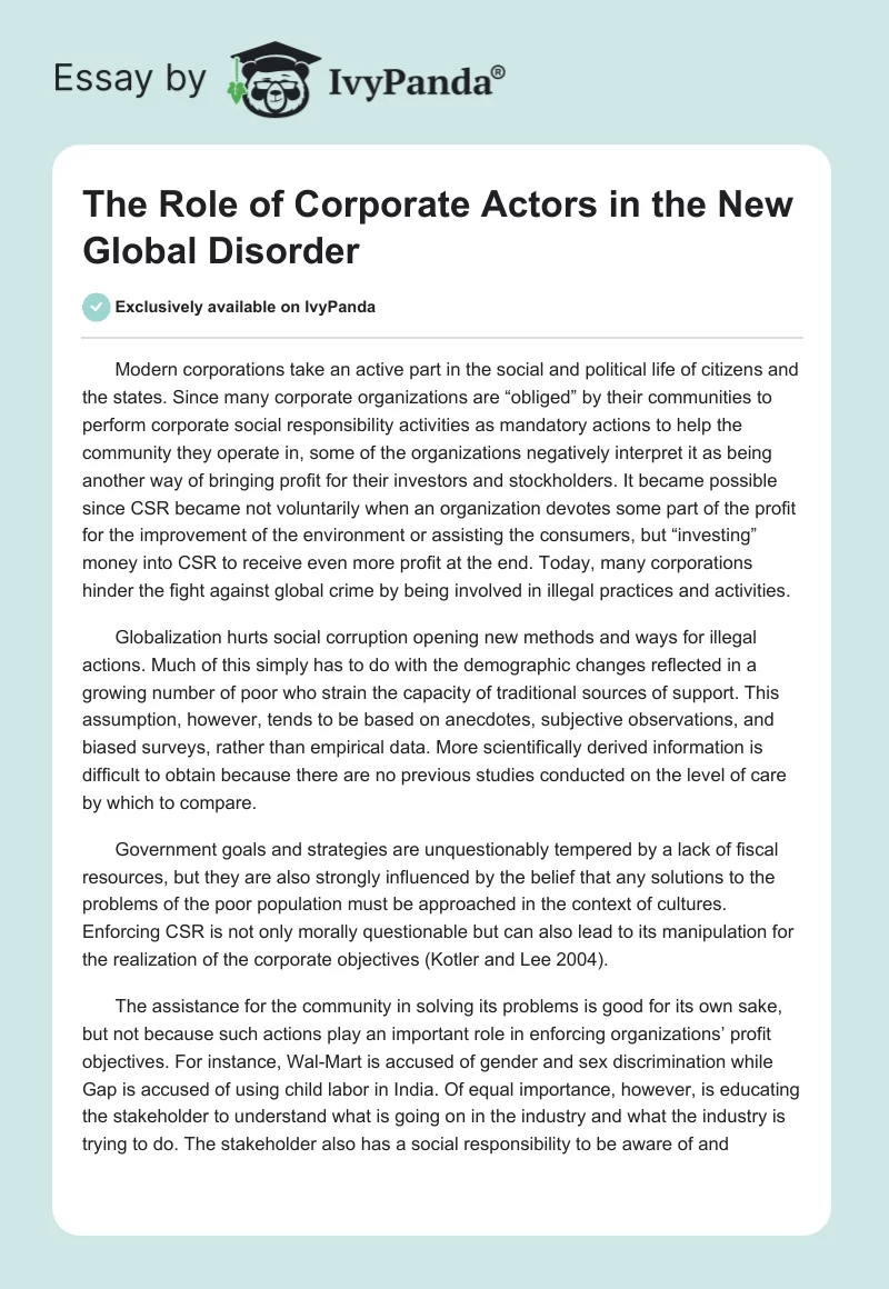 The Role of Corporate Actors in the New Global Disorder. Page 1