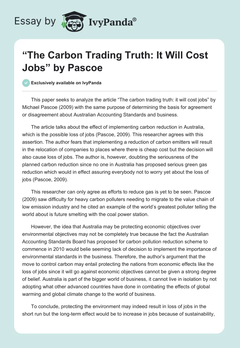 “The Carbon Trading Truth: It Will Cost Jobs” by Pascoe. Page 1