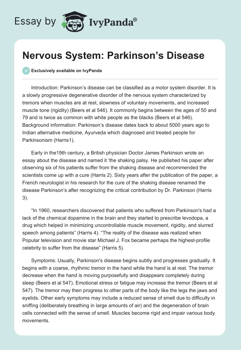 Nervous System: Parkinson’s Disease. Page 1