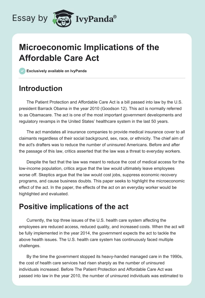 Microeconomic Implications of the Affordable Care Act. Page 1