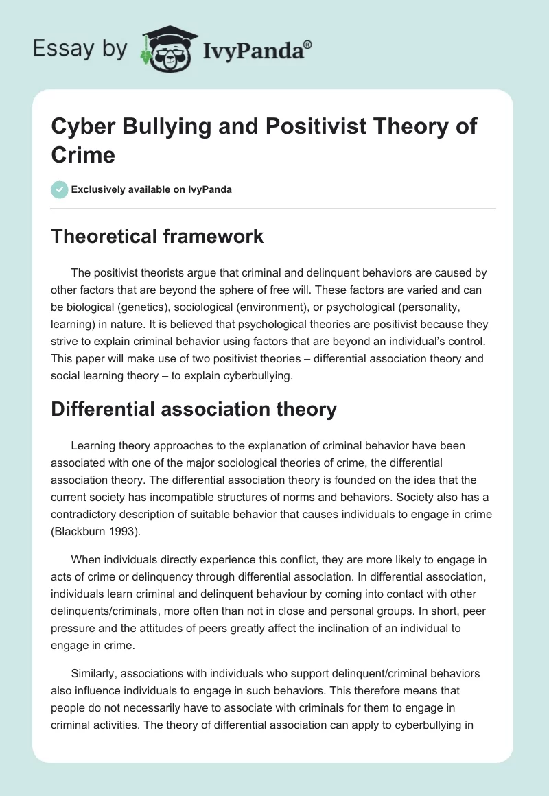 Cyber Bullying and Positivist Theory of Crime. Page 1