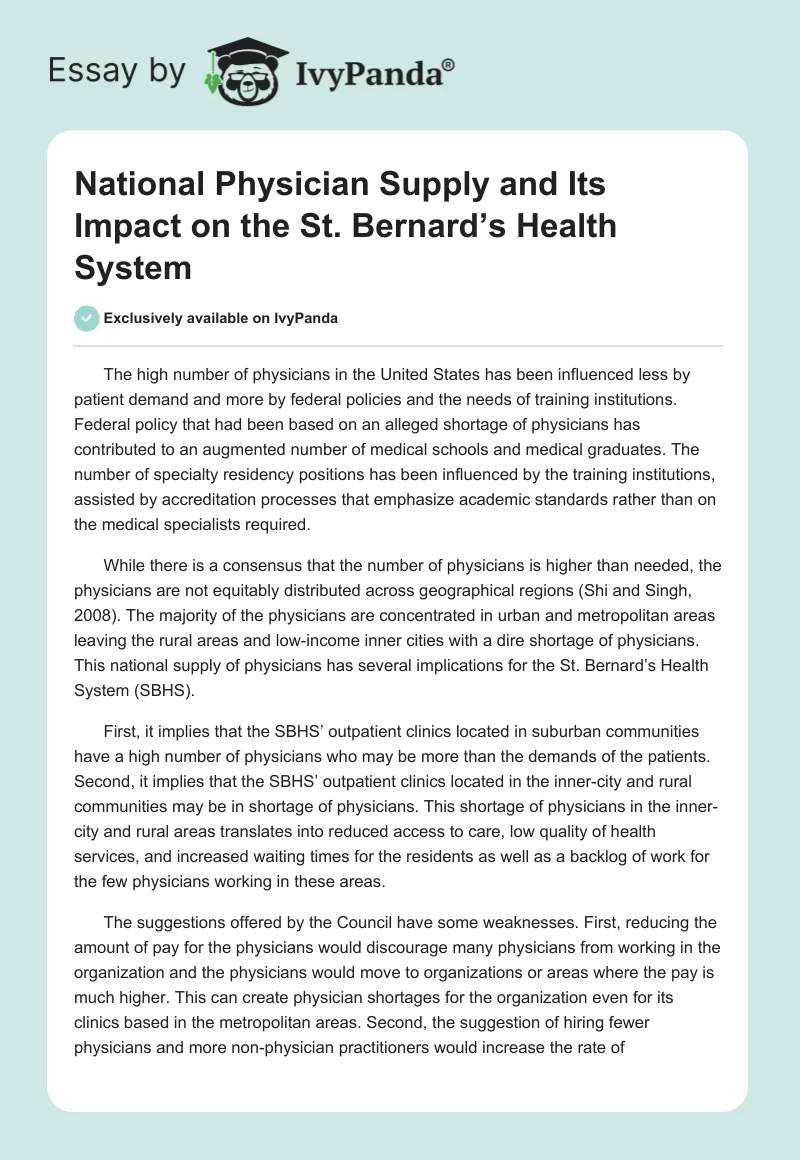 National Physician Supply and Its Impact on the St. Bernard’s Health System. Page 1