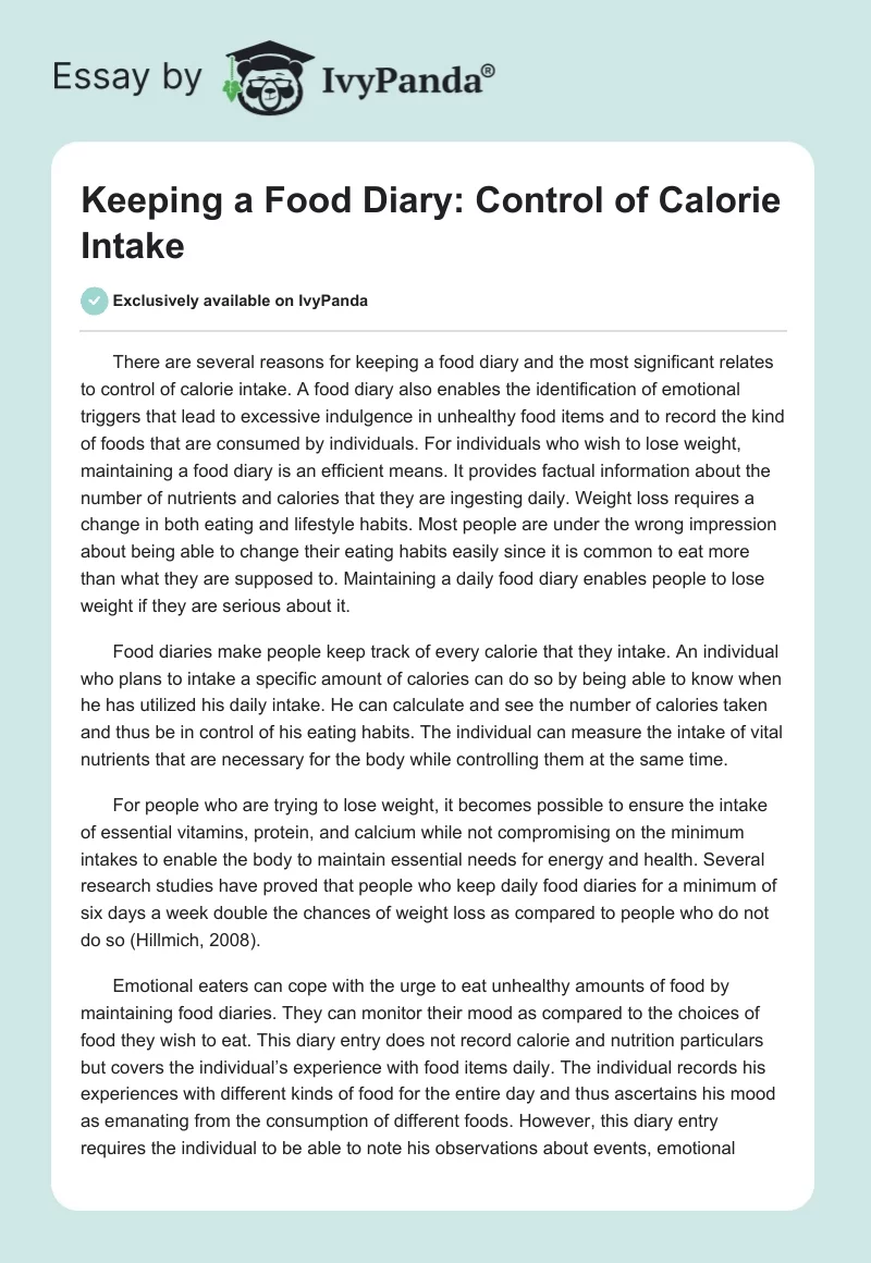 Keeping a Food Diary: Control of Calorie Intake. Page 1