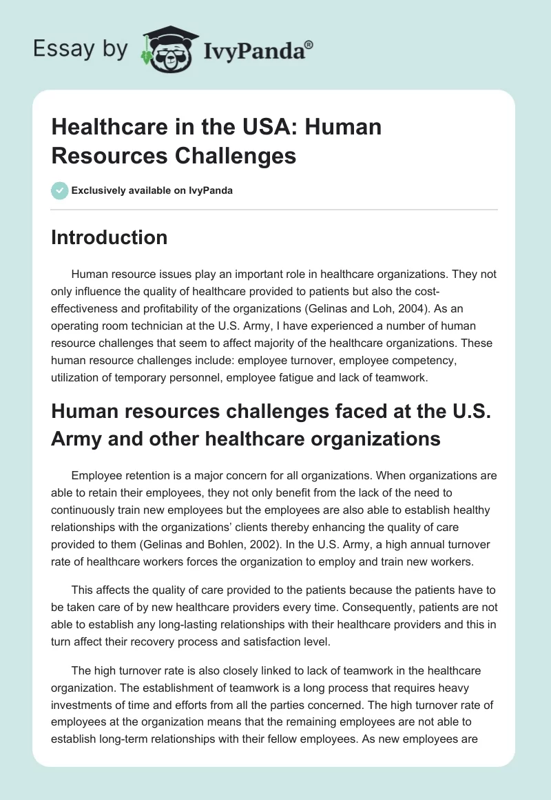 Healthcare in the USA: Human Resources Challenges. Page 1