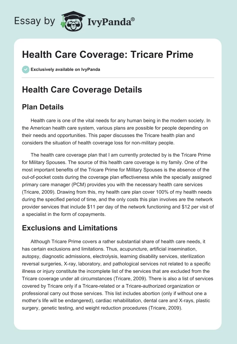 Health Care Coverage: Tricare Prime. Page 1
