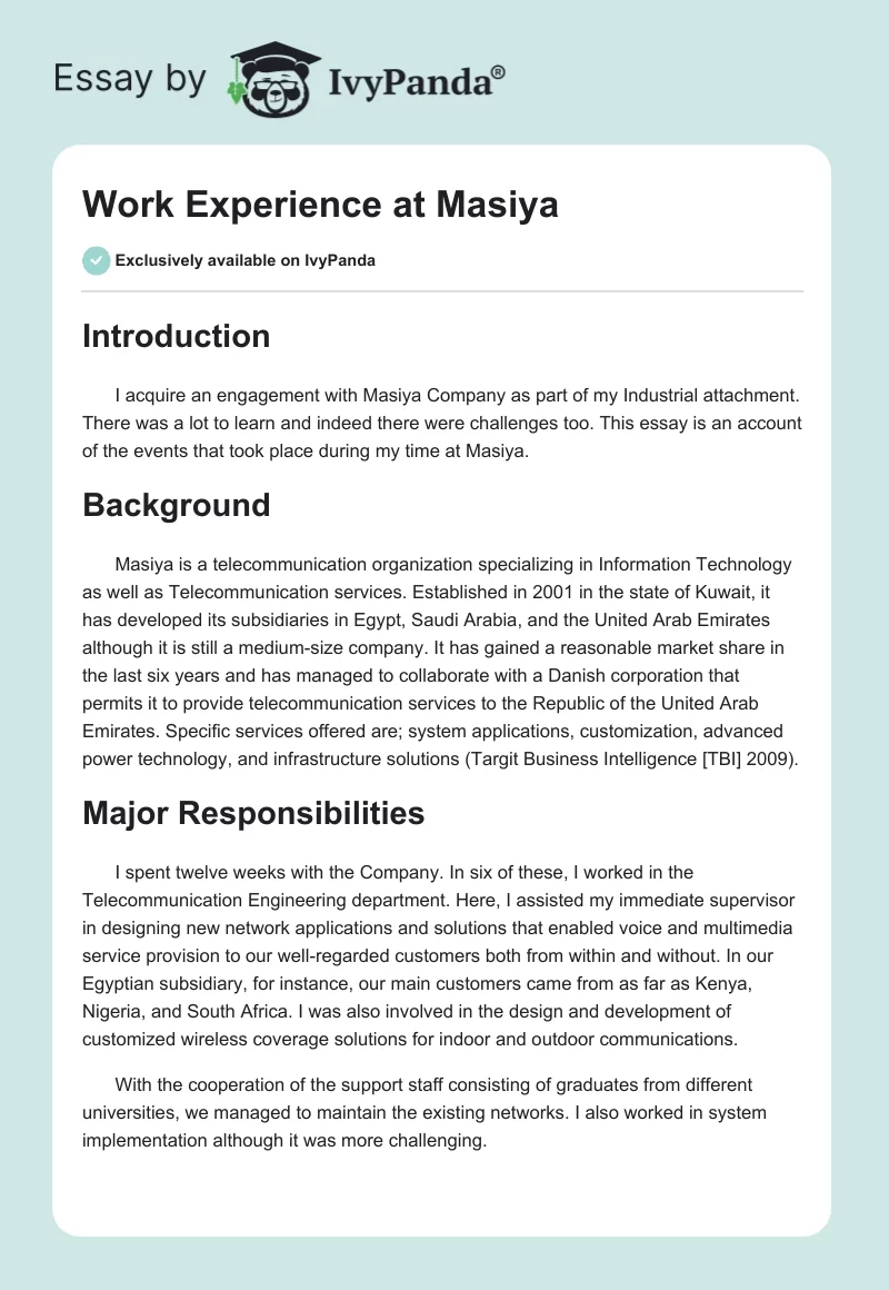 Work Experience at Masiya. Page 1