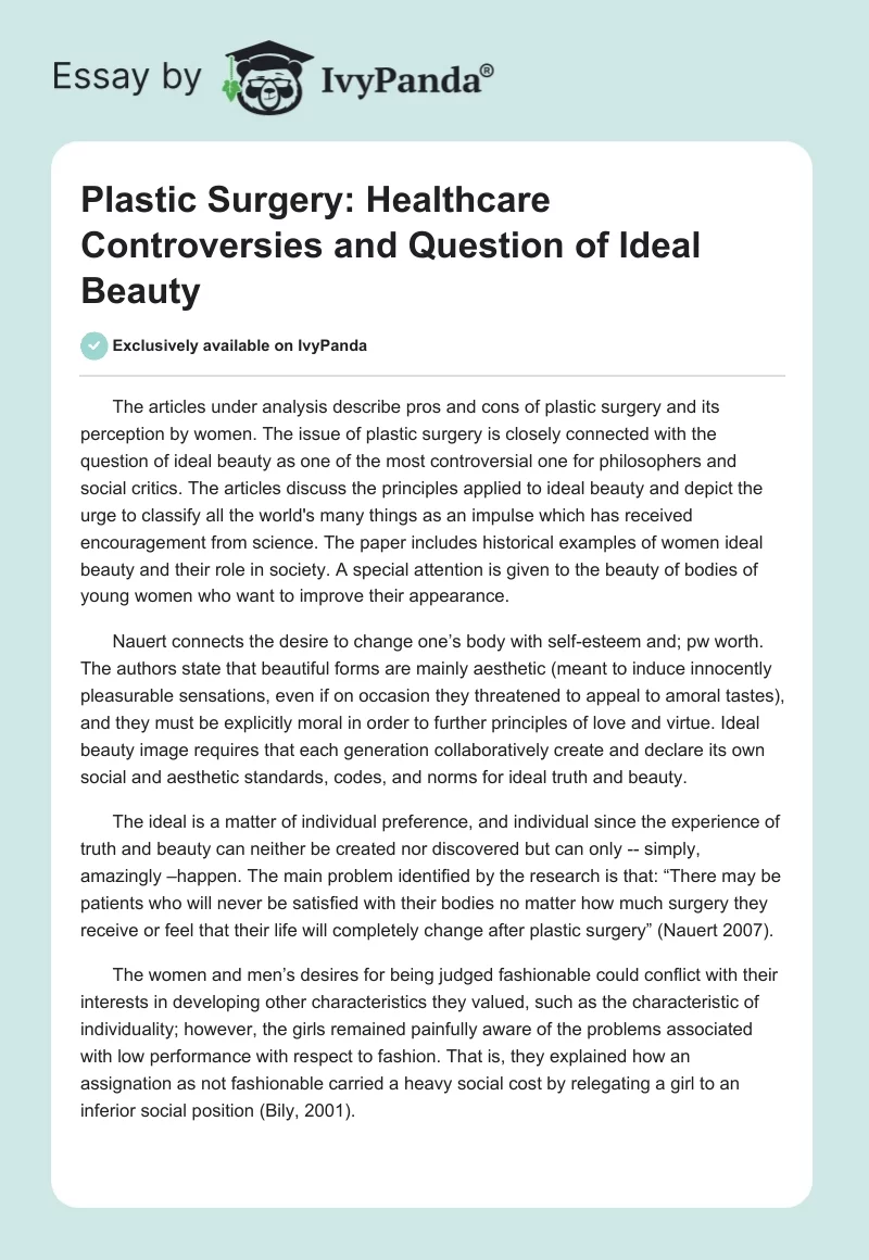 Plastic Surgery: Healthcare Controversies and Question of Ideal Beauty. Page 1