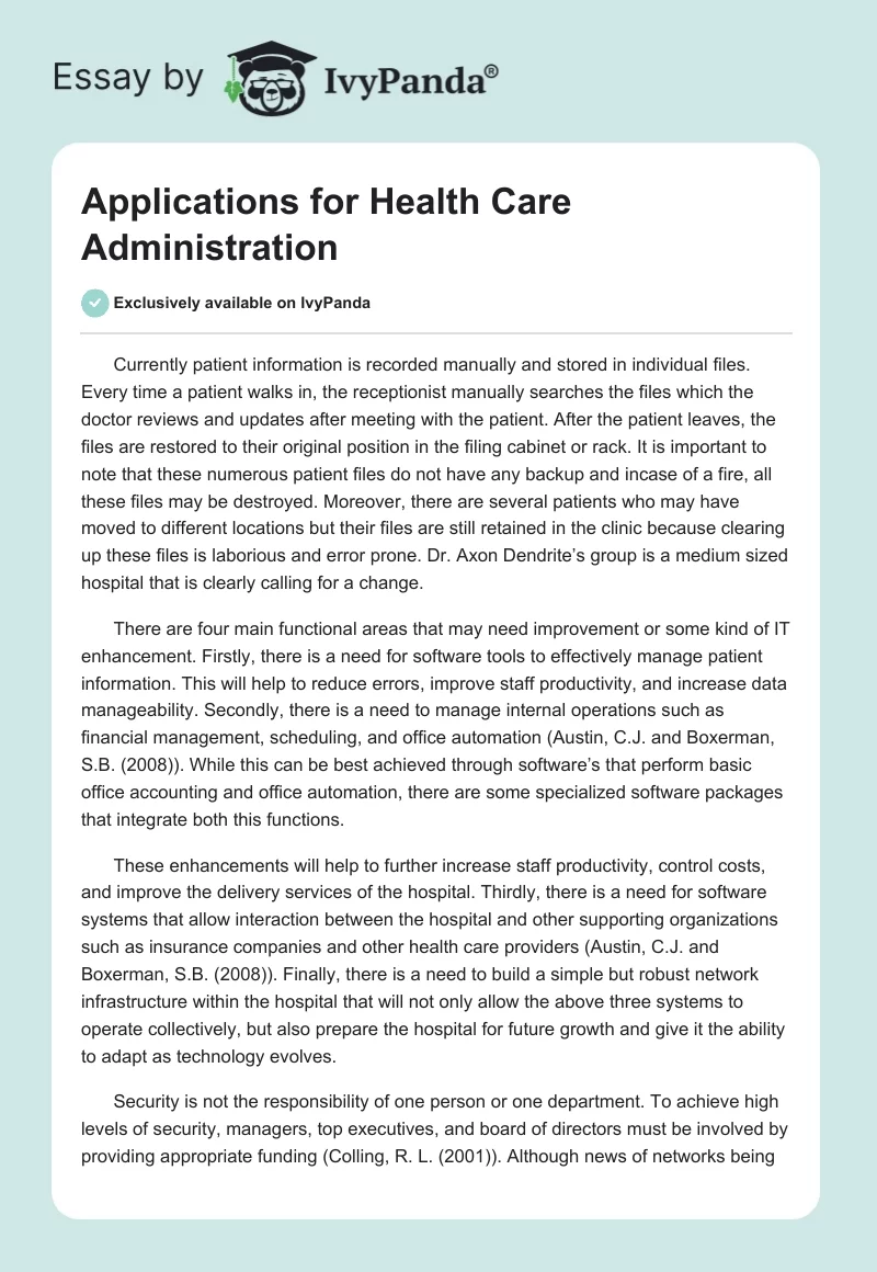 Applications for Health Care Administration. Page 1