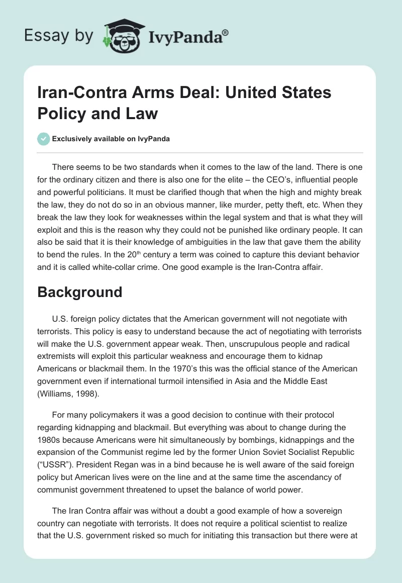 Iran-Contra Arms Deal: United States Policy and Law. Page 1