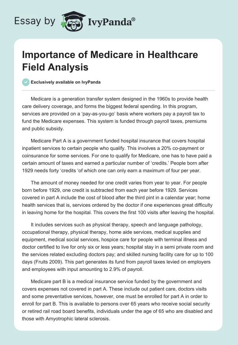Importance of Medicare in Healthcare Field Analysis. Page 1