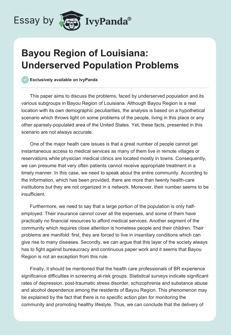Bayou Region of Louisiana: Underserved Population Problems. Page 1