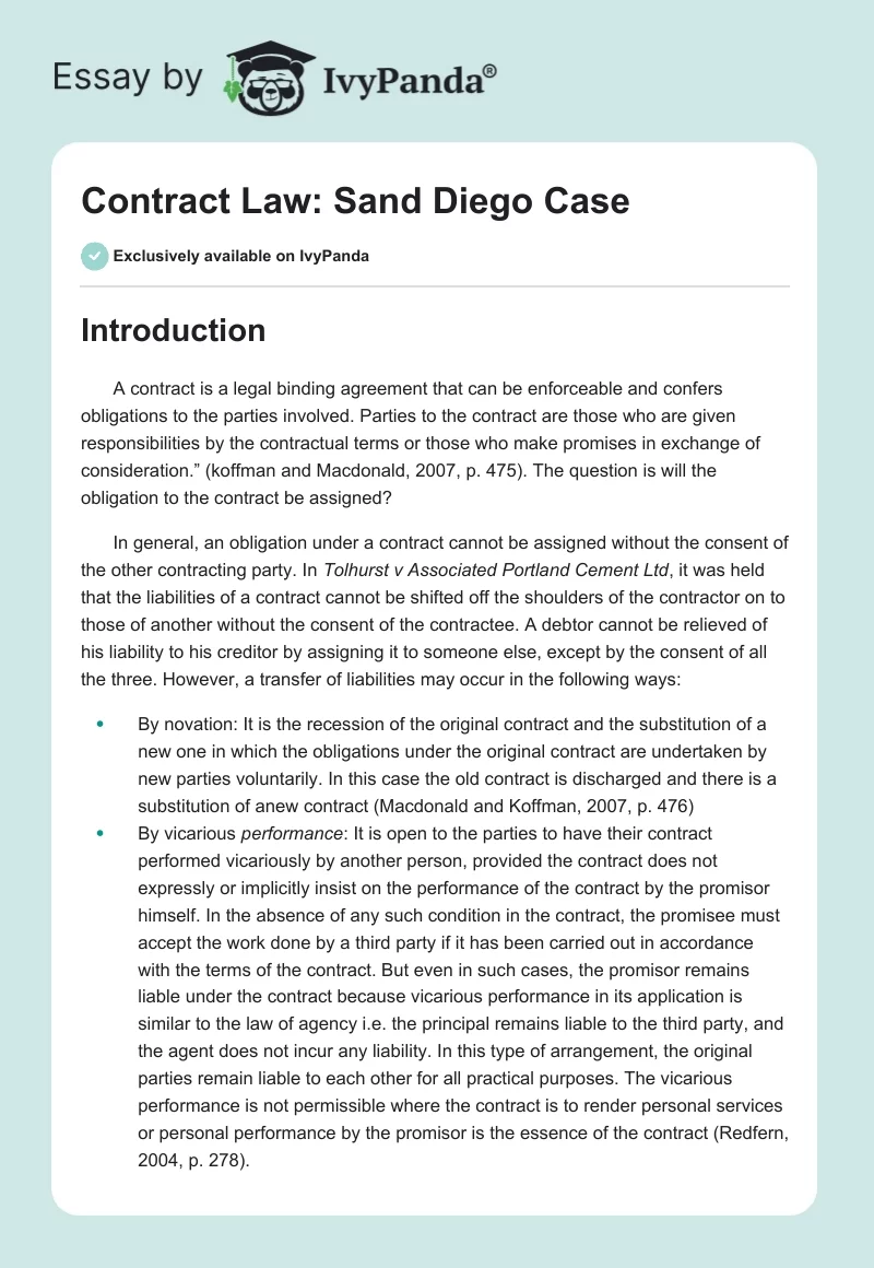 Contract Law: Sand Diego Case. Page 1