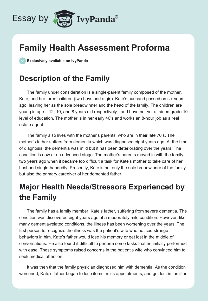 Family Health Assessment Proforma. Page 1