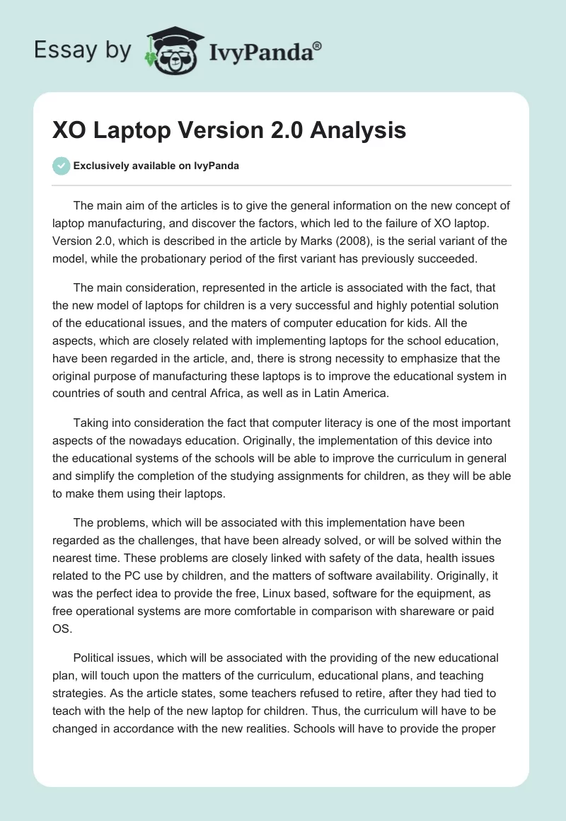 XO Laptop Version 2.0 Analysis. Page 1
