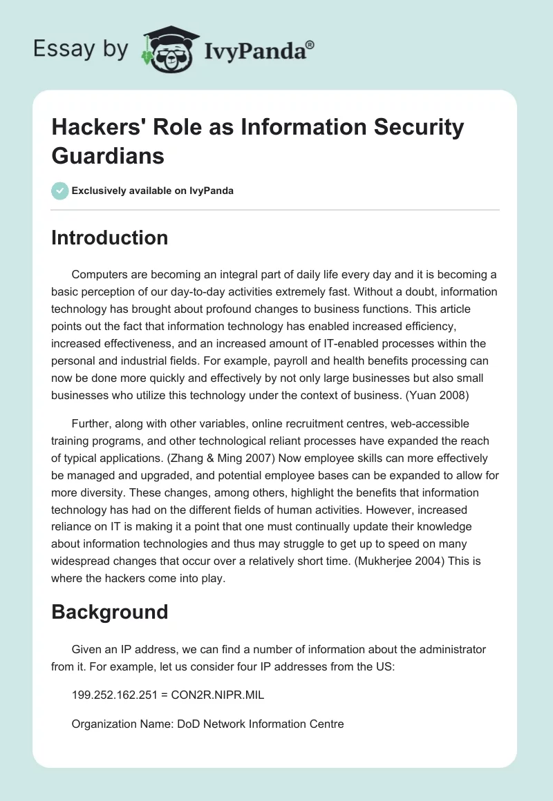 Hackers' Role as Information Security Guardians. Page 1