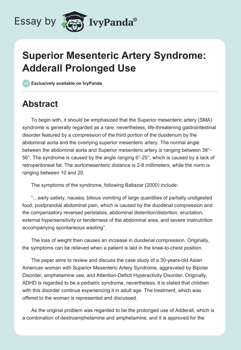 Superior Mesenteric Artery Syndrome: Adderall Prolonged Use. Page 1