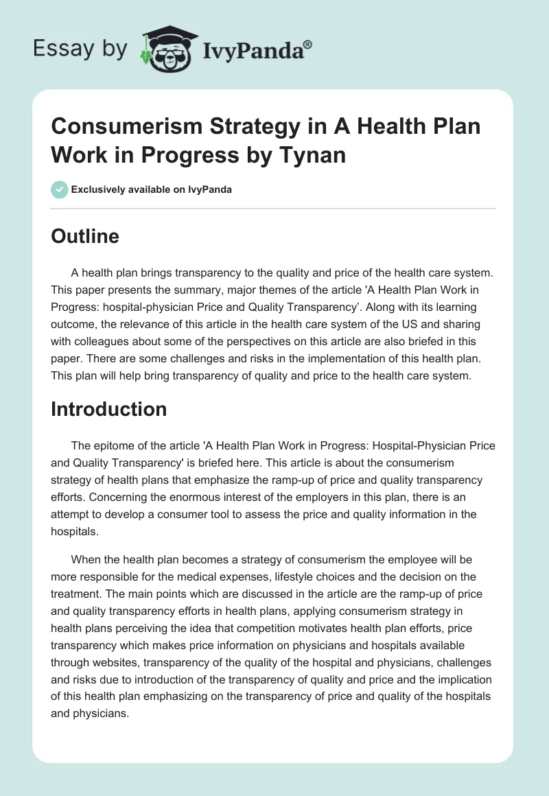 Consumerism Strategy in "A Health Plan Work in Progress" by Tynan. Page 1