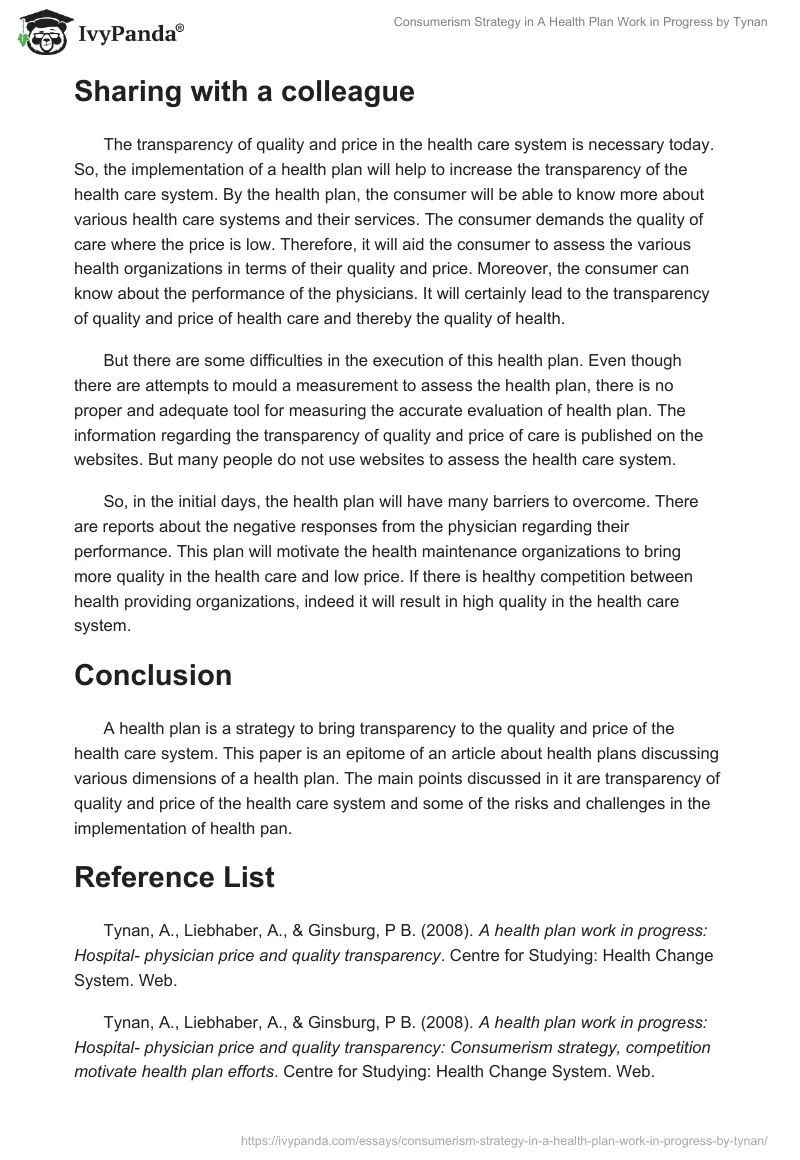 Consumerism Strategy in "A Health Plan Work in Progress" by Tynan. Page 5