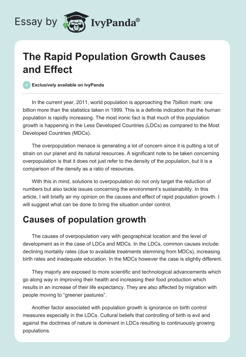 The Rapid Population Growth Causes and Effect. Page 1