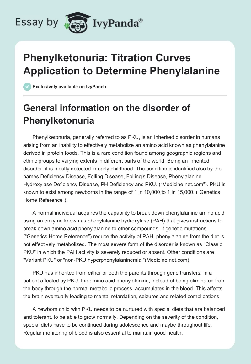 Phenylketonuria: Titration Curves Application to Determine Phenylalanine. Page 1