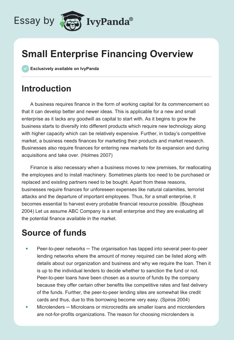Small Enterprise Financing Overview. Page 1