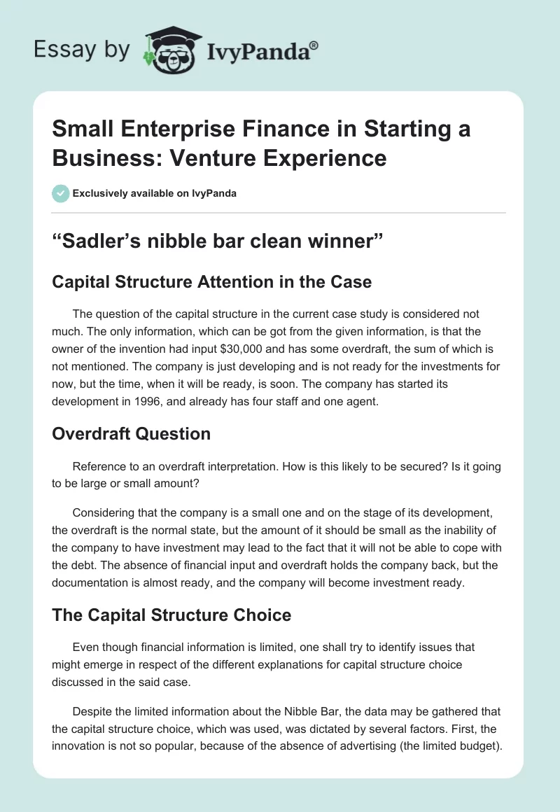Small Enterprise Finance in Starting a Business: Venture Experience. Page 1