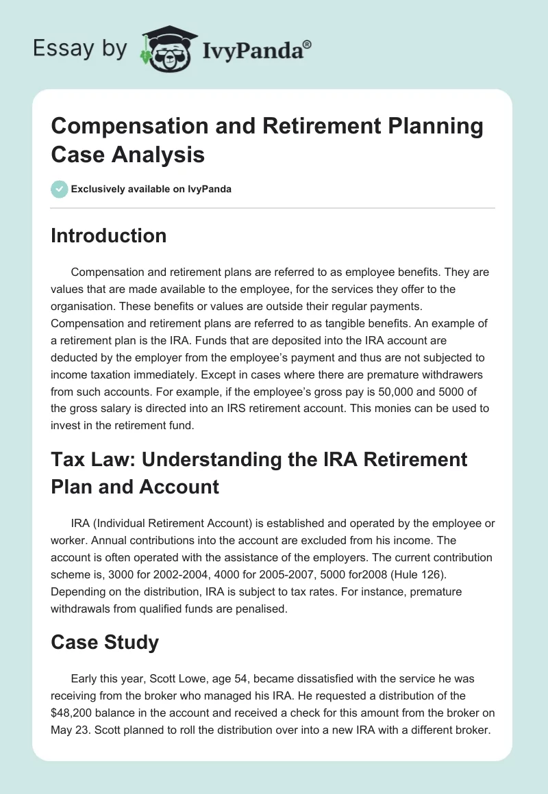 Compensation and Retirement Planning Case Analysis. Page 1