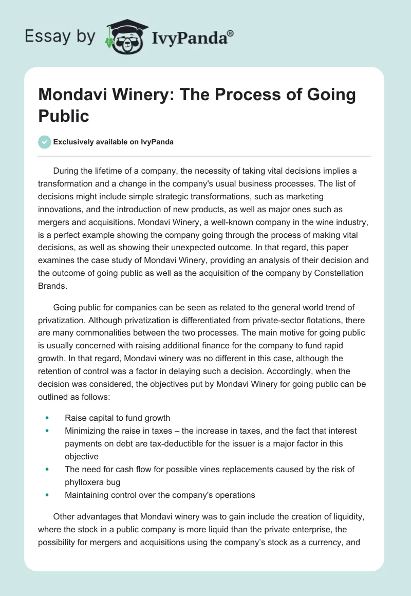 Mondavi Winery: The Process of Going Public. Page 1
