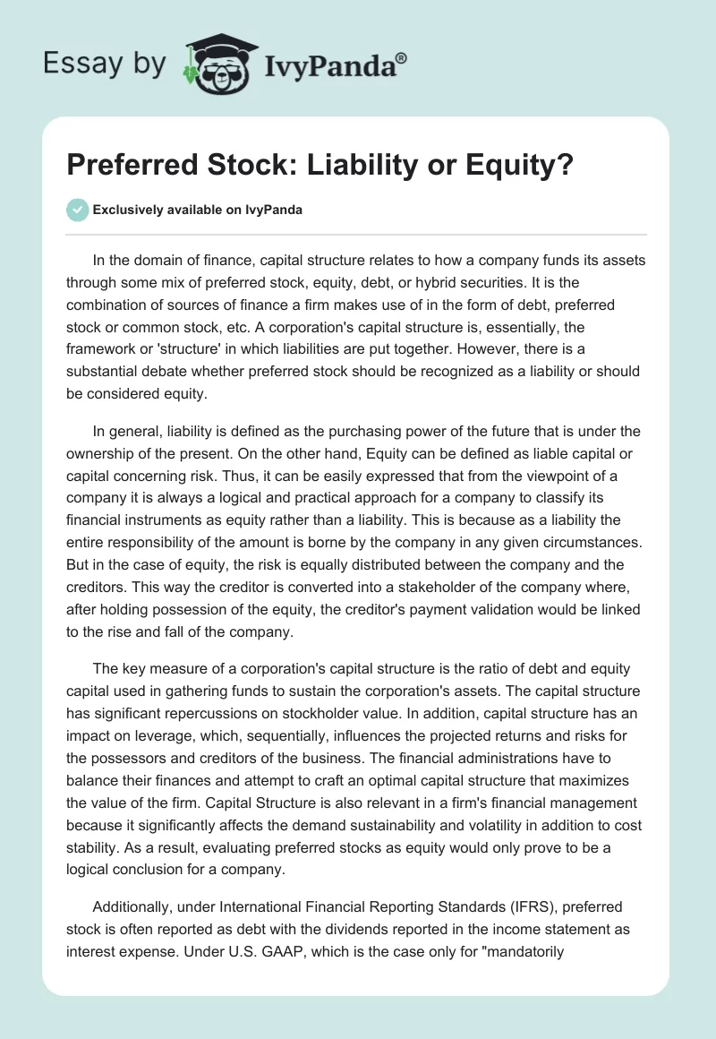 Preferred Stock: Liability or Equity?. Page 1