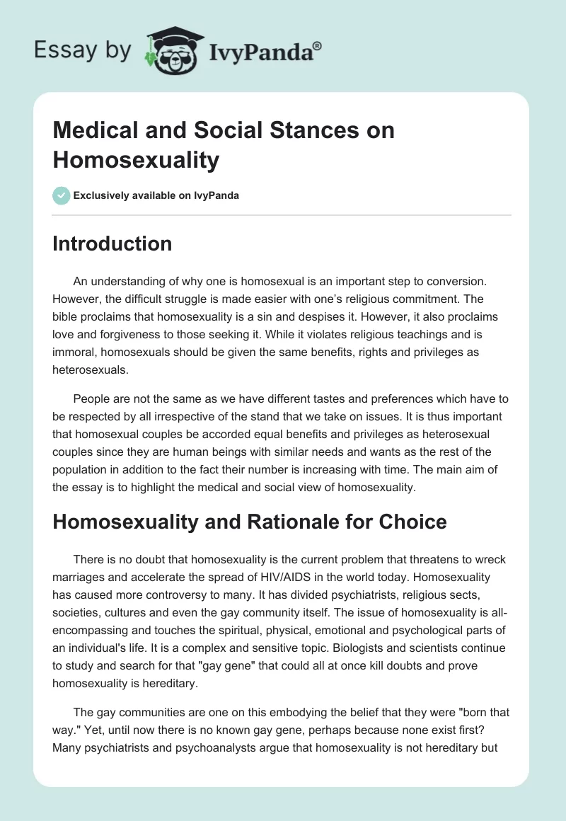 Medical and Social Stances on Homosexuality. Page 1