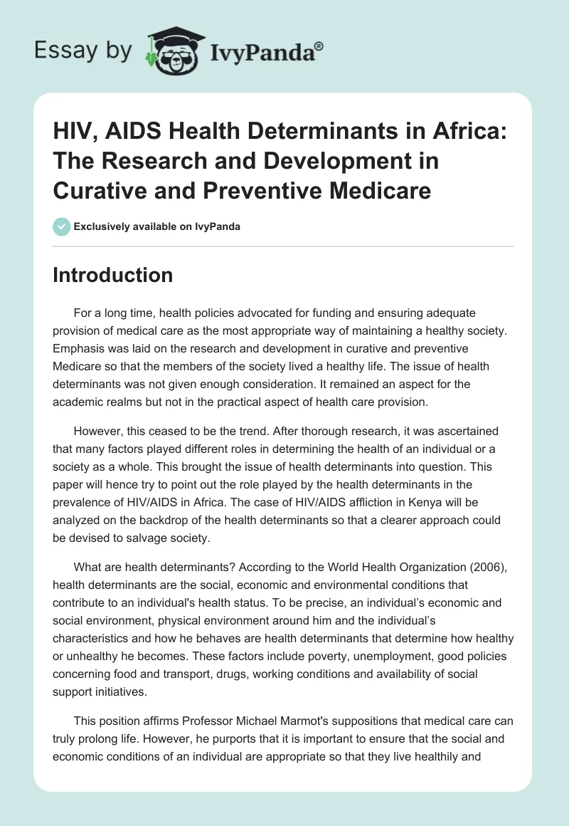 HIV, AIDS Health Determinants in Africa: The Research and Development in Curative and Preventive Medicare. Page 1