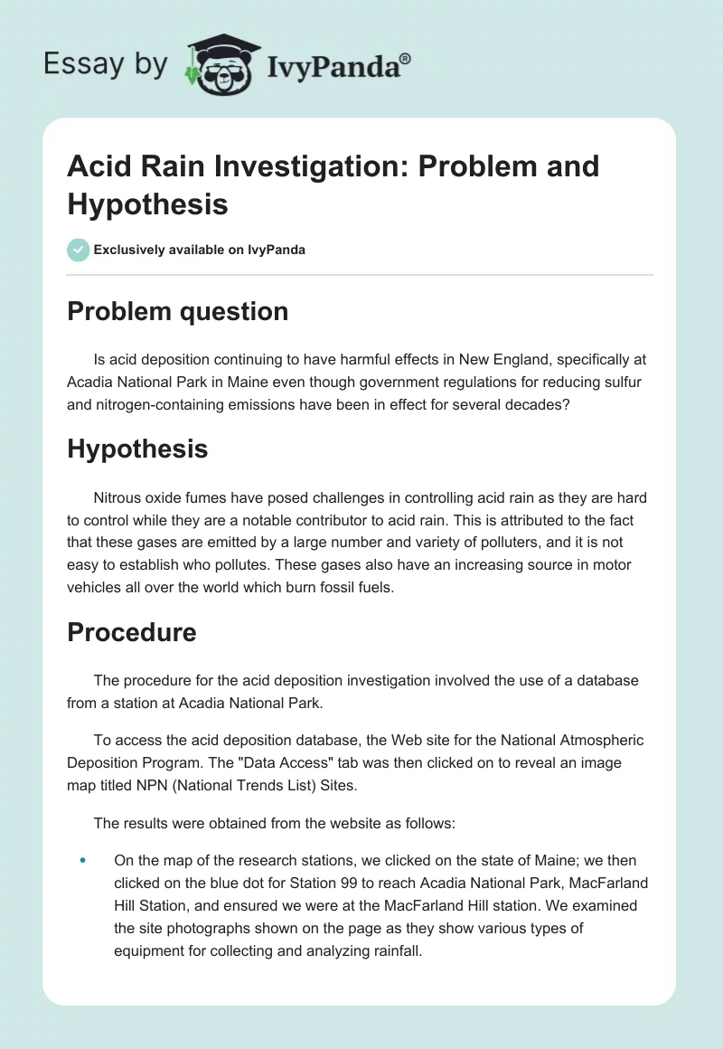 Acid Rain Investigation: Problem and Hypothesis. Page 1