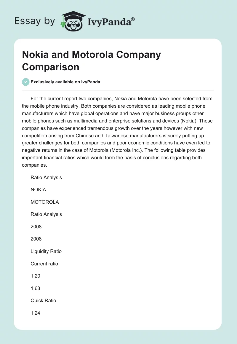 Nokia and Motorola Company Comparison. Page 1