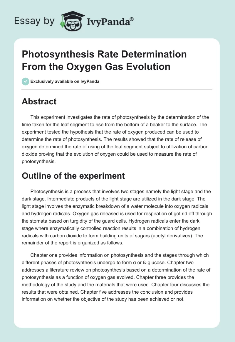 Photosynthesis Rate Determination From the Oxygen Gas Evolution. Page 1