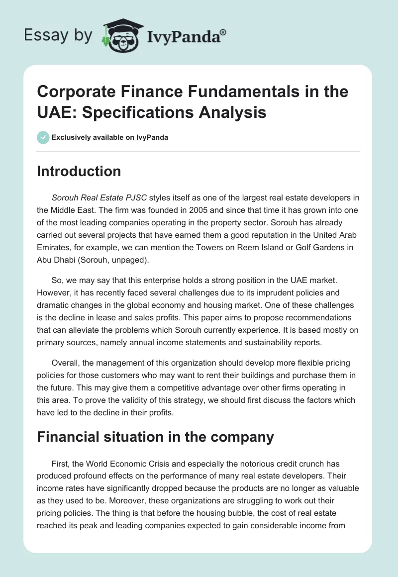 Corporate Finance Fundamentals in the UAE: Specifications Analysis. Page 1