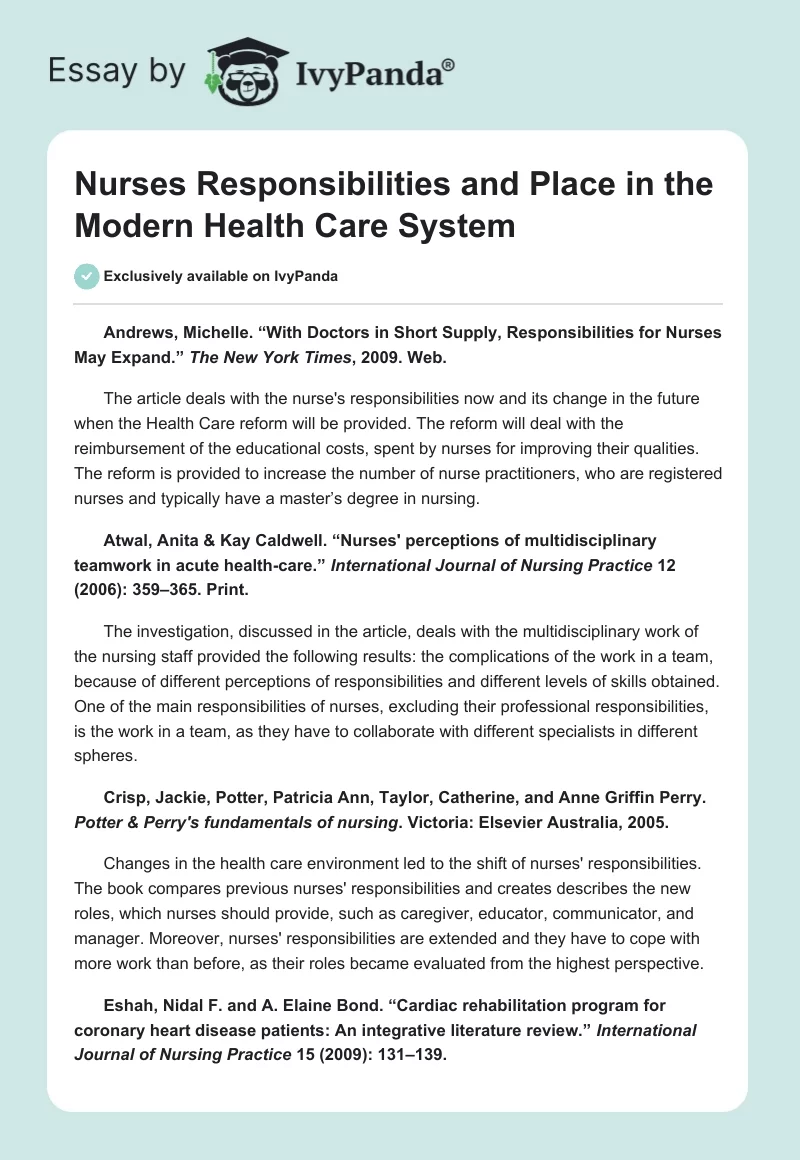 Nurses Responsibilities and Place in the Modern Health Care System. Page 1