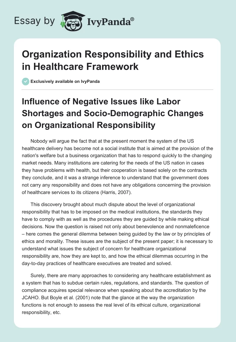 Organization Responsibility and Ethics in Healthcare Framework. Page 1
