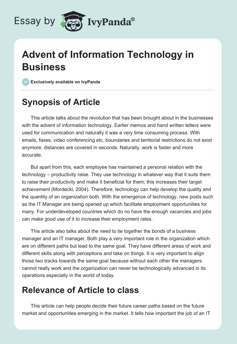 Advent of Information Technology in Business - 561 Words | Essay Example