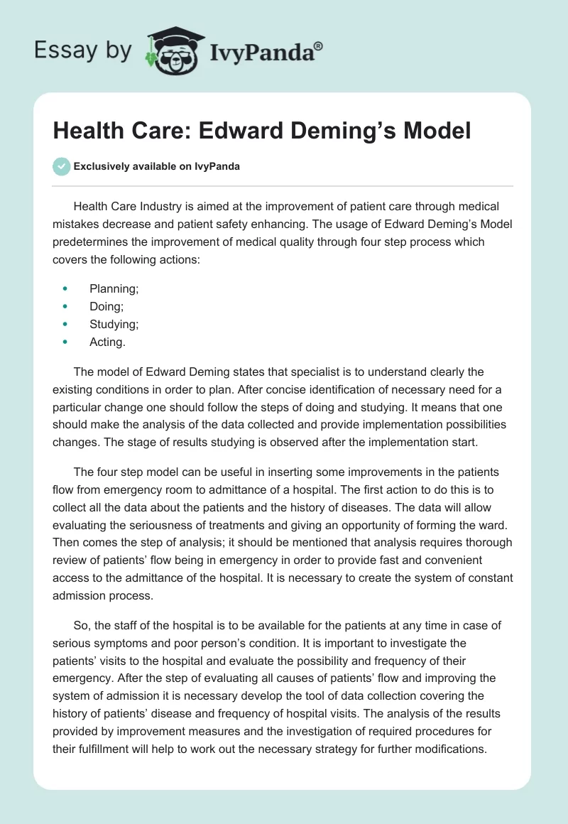 Health Care: Edward Deming’s Model. Page 1