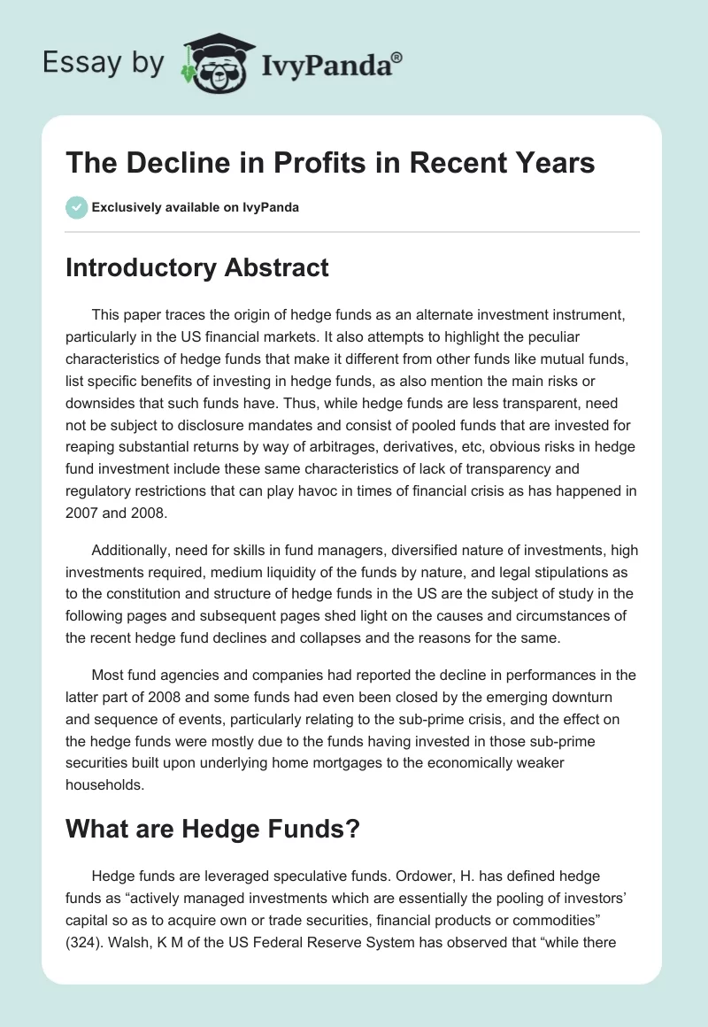 The Decline in Profits in Recent Years. Page 1