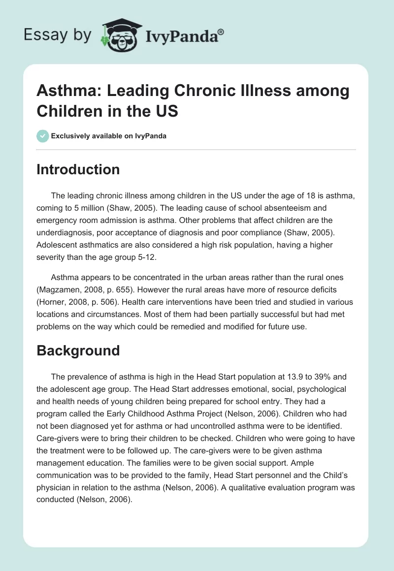 Asthma: Leading Chronic Illness Among Children in the US. Page 1