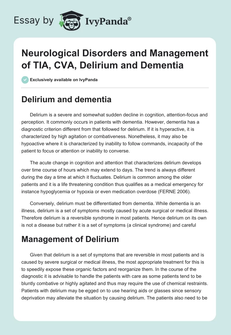 Neurological Disorders and Management of TIA, CVA, Delirium and Dementia. Page 1