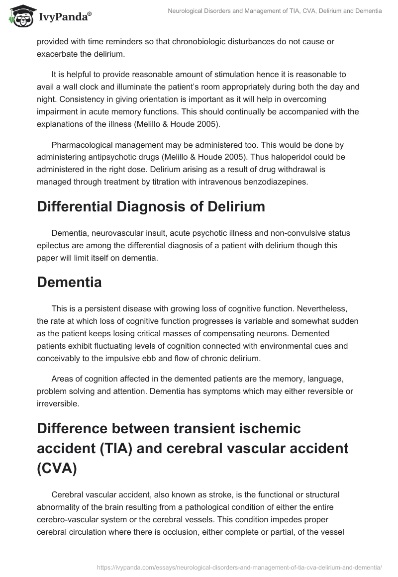 Neurological Disorders and Management of TIA, CVA, Delirium and Dementia. Page 2