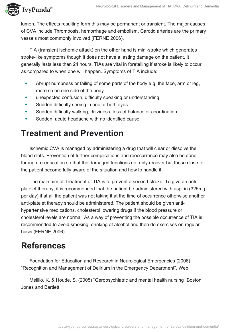 Neurological Disorders and Management of TIA, CVA, Delirium and Dementia. Page 3