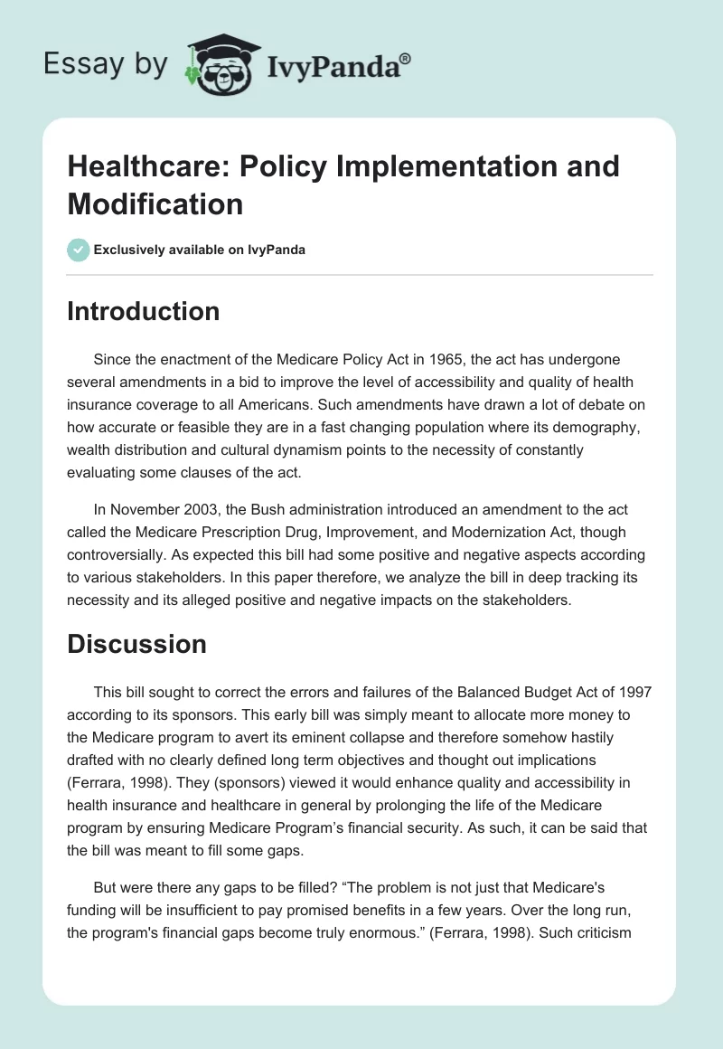 Healthcare: Policy Implementation and Modification. Page 1