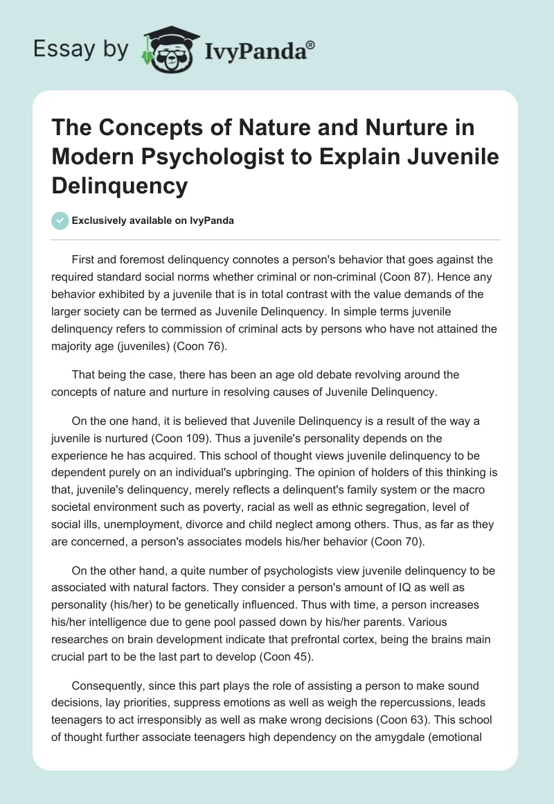 The Concepts of Nature and Nurture in Modern Psychologist to Explain Juvenile Delinquency. Page 1